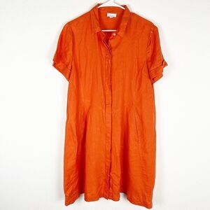 J. Jill Love Linen Zinnia Orange Saffron Shirt Dress Large Pockets Button Up